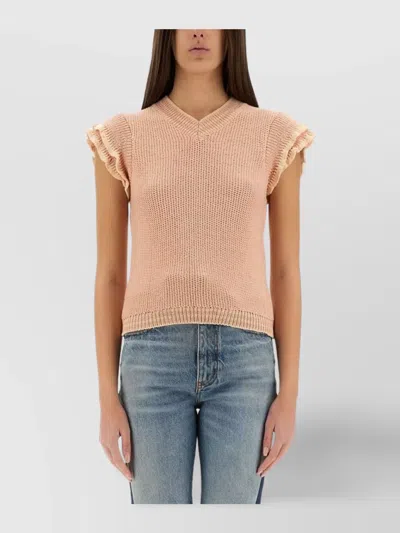Chloé Wool Knit Top Ruffled Sleeves In Blue