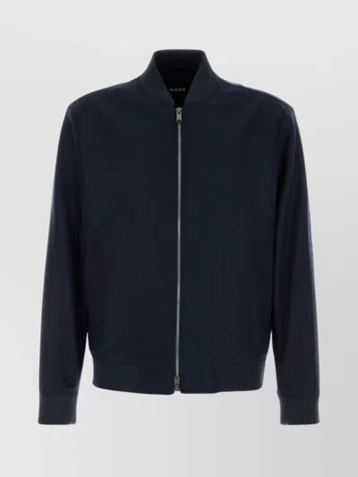 Hugo Boss Stretch Flannel Bomber Jacket With Ribbed Cuffs And Hem In Blue