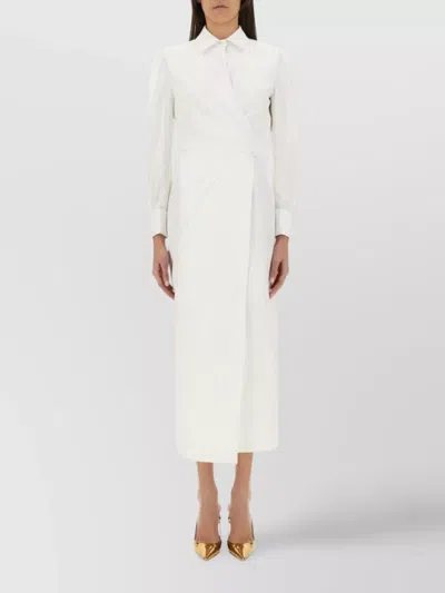 Max Mara Waist Belted French Cuffs Long Sleeve Midi Dress In White