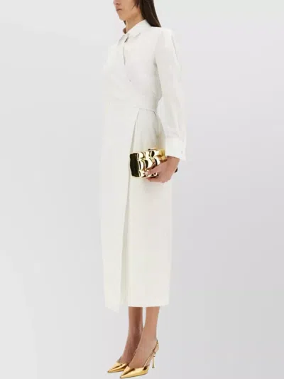 Max Mara Waist Belted French Cuffs Long Sleeve Midi Dress In White