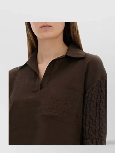 Max Mara Polo Shirt With Cable Knit Sleeves In Brown