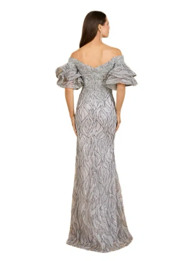 Lara New York Off Shoulder Mermaid Beaded Gown With Tiered Sleeves In Gray