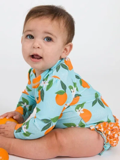Rufflebutts Baby Girls Orange You The Sweetest Long Sleeve Upf50+ One Piece Rash Guard In Blue