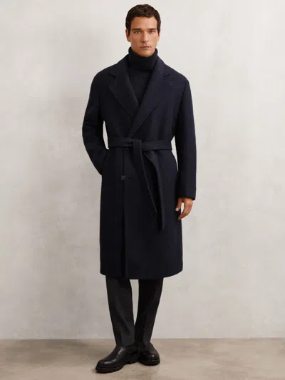 Reiss Clavis Boucle Belted Double Breasted Overcoat In Blue