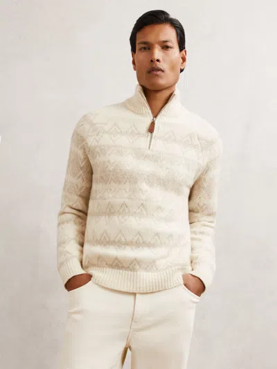 Reiss Mens Winter White Oatmeal Claus Half-zip Wool-blend Fairisle Jumper Xs In Neutral