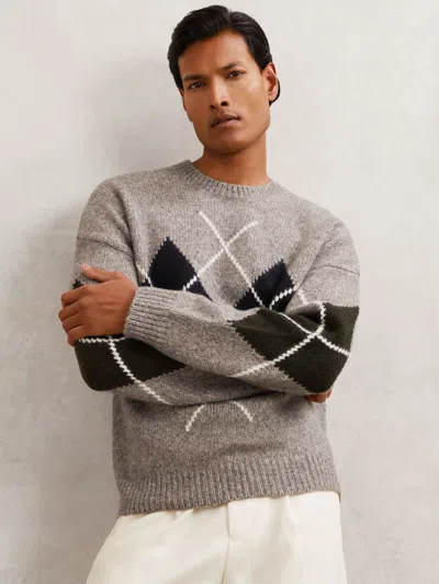 Reiss Men's Wool-blend Crew-neck Argyle Sweater In Gray
