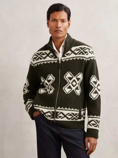 Reiss Forest Green Wool-blend Fair Isle Zip Jumper In Green