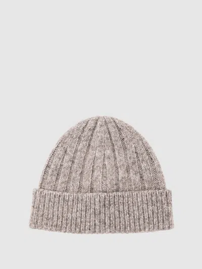 Reiss Oatmeal Melange Wool-blend Chunky Rib-knit Beanie In Brown