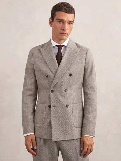 Reiss Brown Double-breasted Herringbone Blazer Slim-fit Wool-blend In Brown