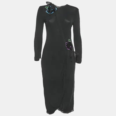 Pre-owned Emporio Armani Black Floral Patch Jersey Midi Dress M