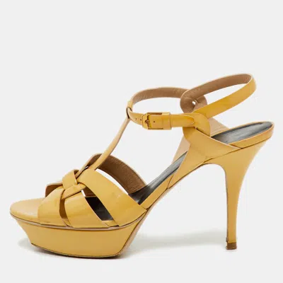 Pre-owned Saint Laurent Beige Patent Leather Tribute Platform Sandals Size 39