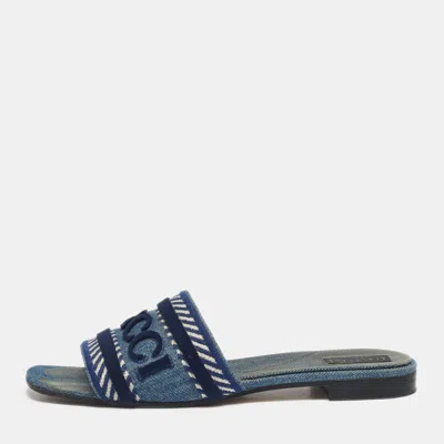 Pre-owned Gucci Blue Denim Logo Flat Slides Size 40.5
