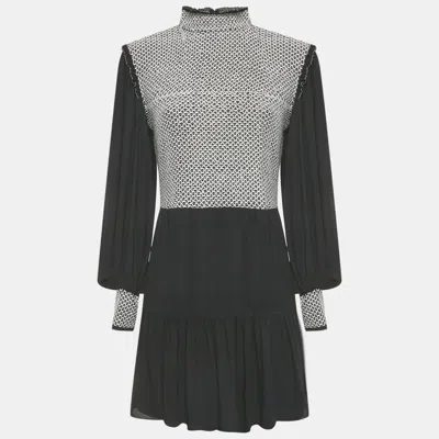 Pre-owned Alice And Olivia Black Embroidered Detail Crepe Elvira Tiered Mini Dress M