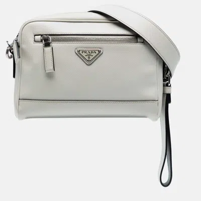 Pre-owned Prada White Saffiano Travel Triangle Wristlet Crossbody