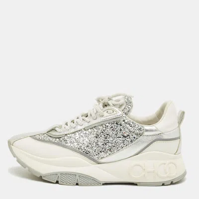 Pre-owned Jimmy Choo Silver Glitter And Leather Raine Lace Up Sneakers Size 41