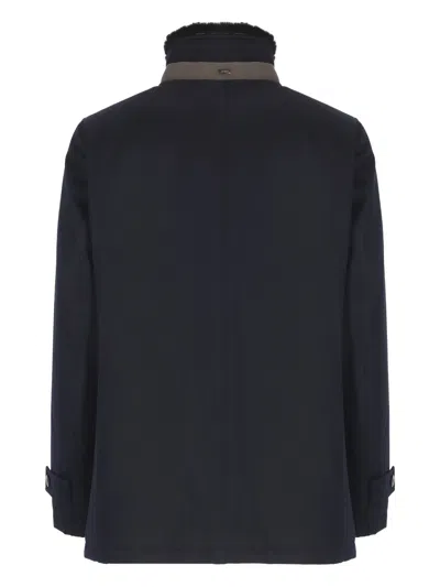 Herno Structured Blue Virgin Wool Coat With Plush Fur Collar In Blue
