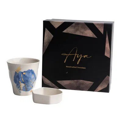 Aya Porcelain Blue / Gold / White  Cup & Petite Treat Bowl Gift Box Set In White