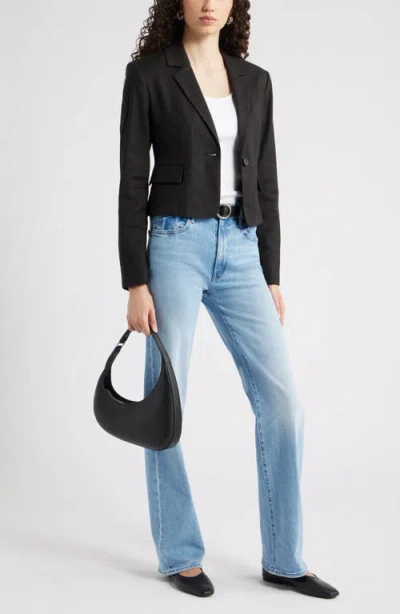 Nordstrom Crop One-button Linen Blend Blazer In Black