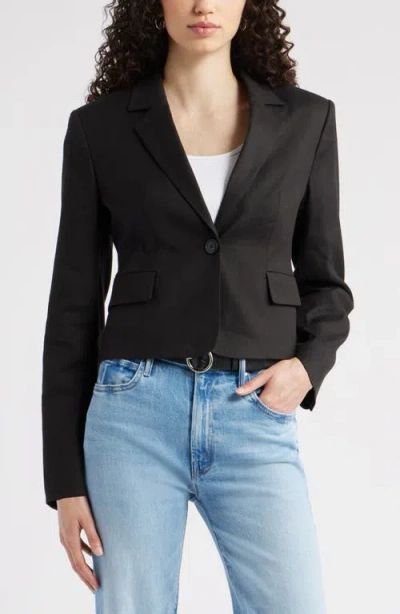 Nordstrom Crop One-button Linen Blend Blazer In Black