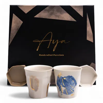 Aya Porcelain Neutrals / Gold / Blue Aya And Aya Lumina Porcelain Cup & Petite Treat Bowl Gift Box Set In White