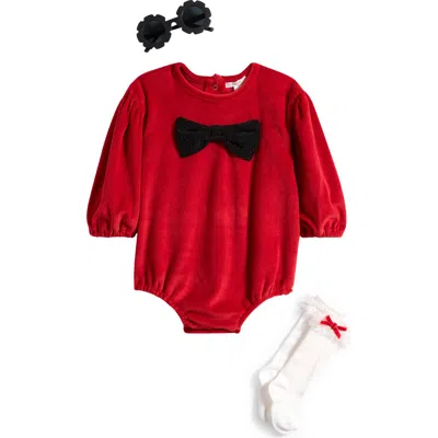 Rachel Zoe Velour Romper, Socks & Sunglasses Set In Red