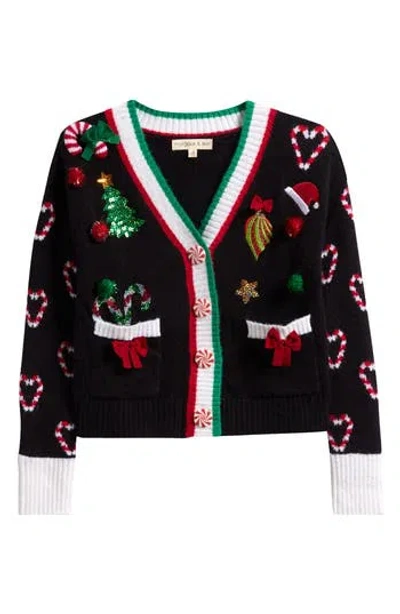 Margaux And Lexi Kids' Christmas Patch Pocket Cardigan In Black