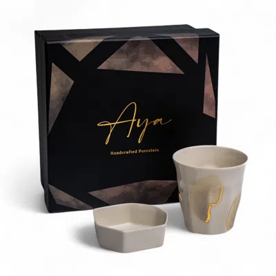 Aya Porcelain Neutrals / Gold / White Aya Lumina Porcelain Cup & Petite Treat Bowl Gift Box Set In Gray