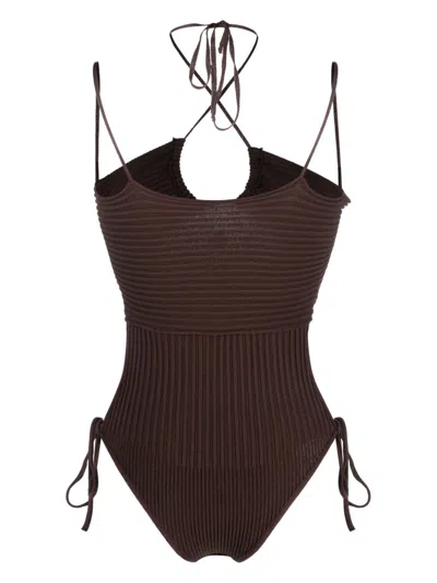 Andreädamo Andrea Adamo Halterneck-fastening Ribbed-knit Bodysuit In Brown