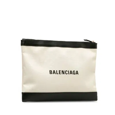 Pre-owned Balenciaga Beige Black Canvas Leather Clutch Bag () In Multi