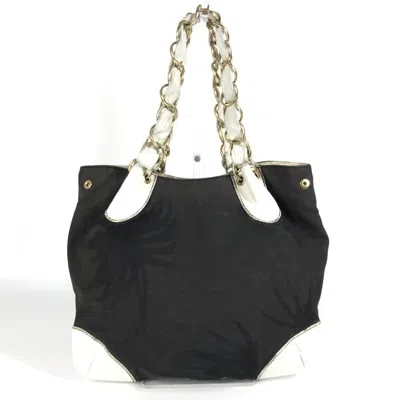 Pre-owned Chanel Black White Leather Canvas Shoulder Bag Tote Bag () In Multi