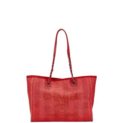 Pre-owned Chanel Red Color Canvas Leather Tote Bag ()