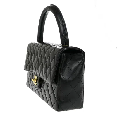 Pre-owned Chanel Vintage Twin Top Handle Flap Bag Quilted Lambskin Black Leather Handbag ()