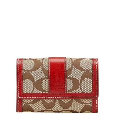 Pre-owned Coach Beige Red Color Canvas Leather Wallet (bi-fold) () In Multi