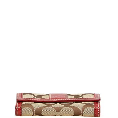 Pre-owned Coach Beige Red Color Canvas Leather Wallet (bi-fold) () In Multi