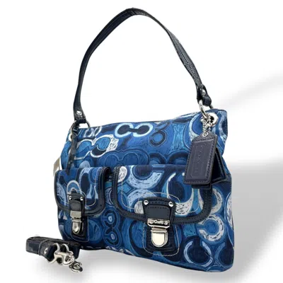 Pre-owned Coach Blue Navy Canvas Patent Leather Handbag Shoulder Bag ()