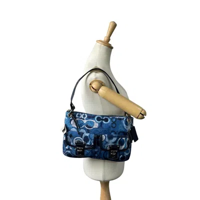 Pre-owned Coach Blue Navy Canvas Patent Leather Handbag Shoulder Bag ()