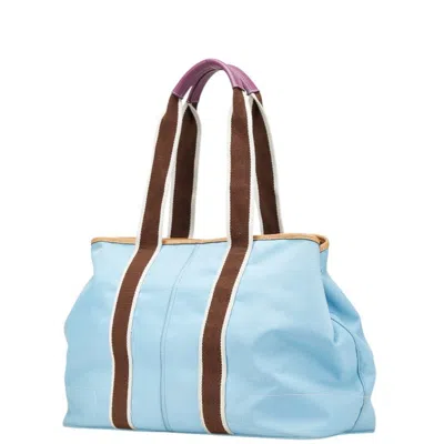 Pre-owned Coach Hamptons Brown Light Blue Nylon Shoulder Bag Tote Bag ()