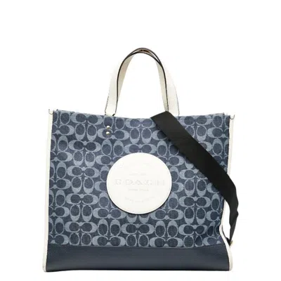 Pre-owned Coach Signature Blue White Denim Leather Shoulder Bag Tote Bag () In Multi