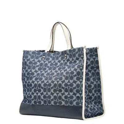 Pre-owned Coach Signature Blue White Denim Leather Shoulder Bag Tote Bag () In Multi