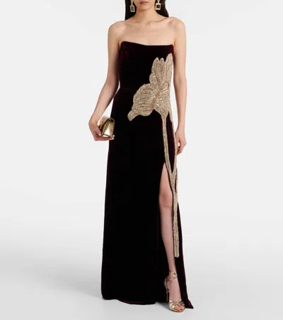 Costarellos Crystal-embellished Velvet Gown In Burgundy