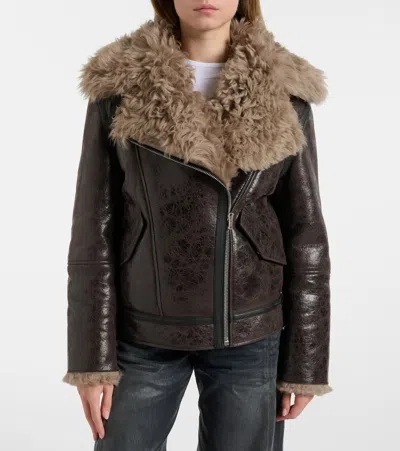 Acne Studios Shearling-trimmed Leather Jacket In Metallic