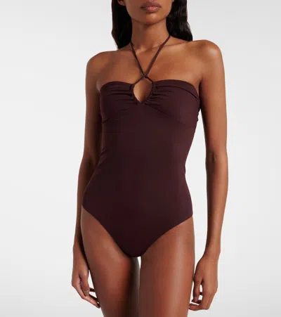Tory Burch Keyhole Halterneck Swimsuit In Brown