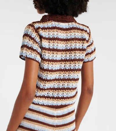 Anna Kosturova Crochet Striped Cotton Polo Shirt In Brown