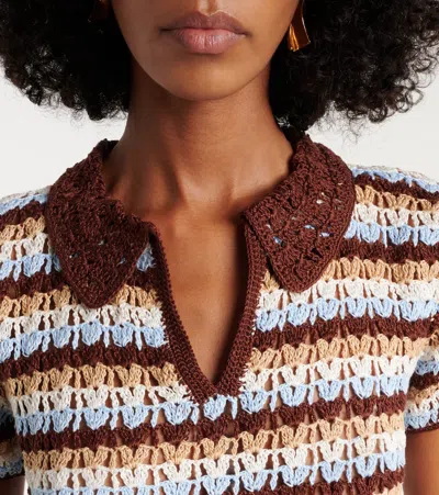 Anna Kosturova Crochet Striped Cotton Polo Shirt In Brown