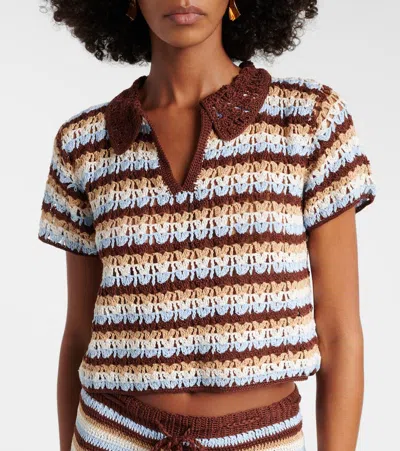Anna Kosturova Crochet Striped Cotton Polo Shirt In Brown