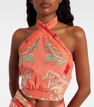 Poupette St Barth Suma Printed Cotton Crop Top In Orange