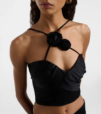Poupette St Barth Palmire Floral-appliqué Crop Top In Black