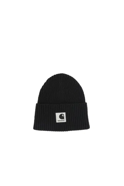 Sacai Carhartt Wip Wool Blend Knit Beanie Hat In Black