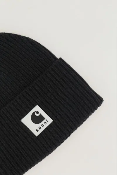 Sacai Carhartt Wip Wool Blend Knit Beanie Hat In Black