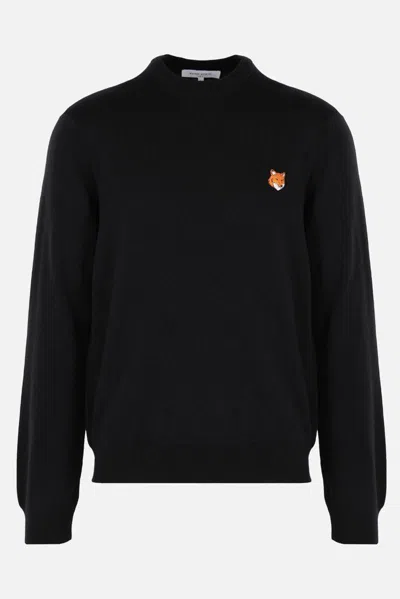 Maison Kitsuné Wool Crewneck Sweater Featuring Fox Design In Black